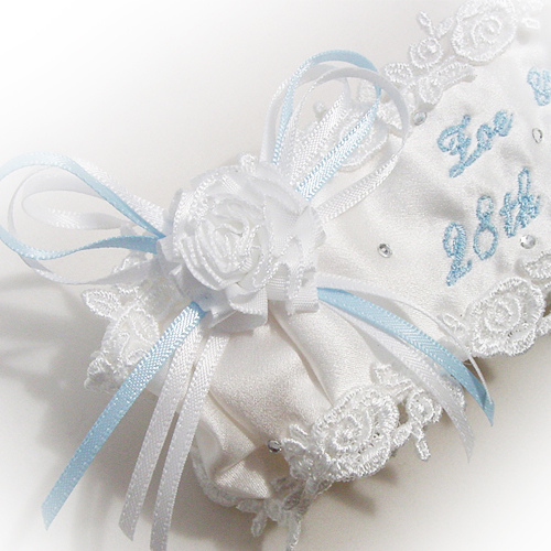 Traditional something blue wedding garter personalised with script text