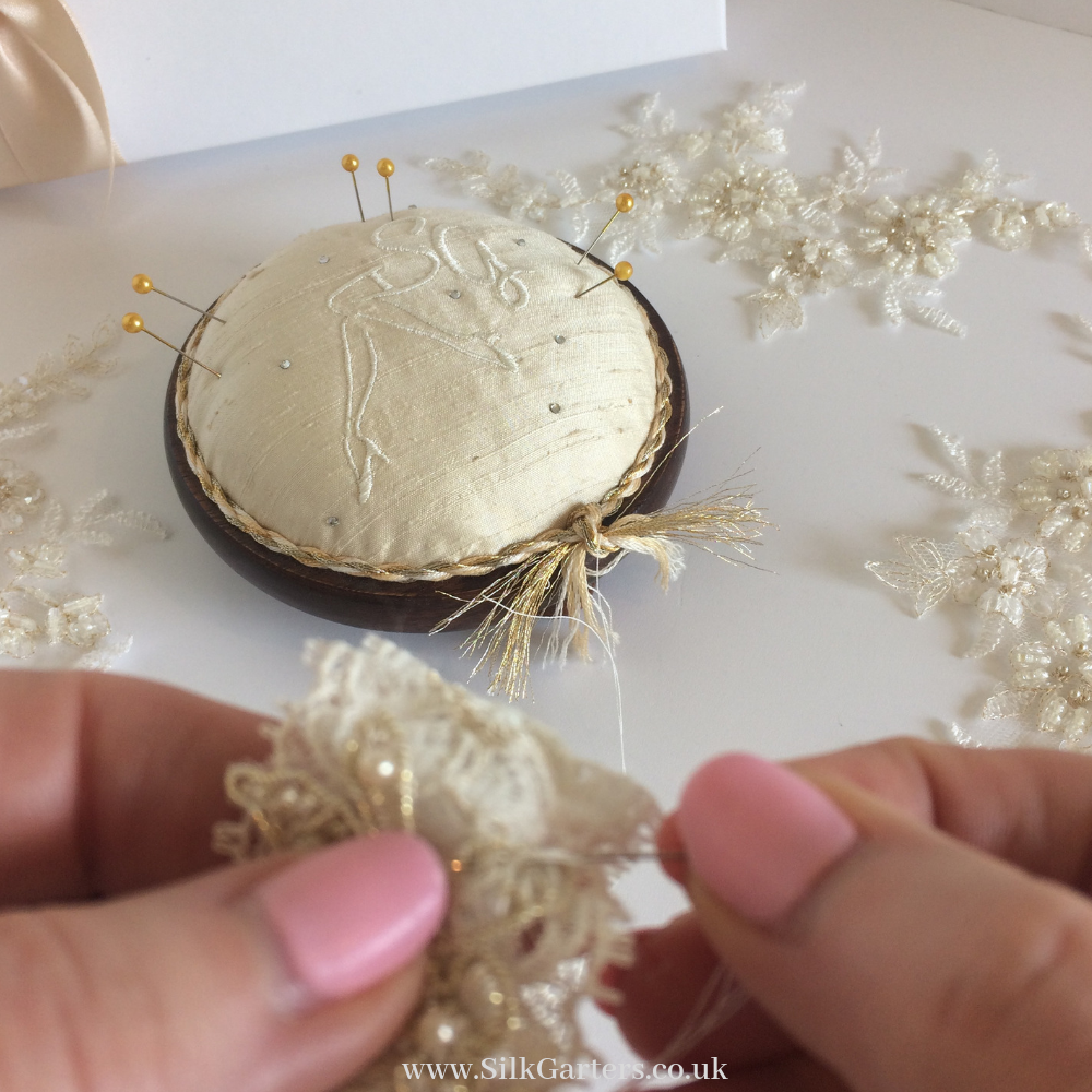 Luxury Vintage Pearls Gold Cotton Nottingham Lace bridal Garter - Silk  Garters