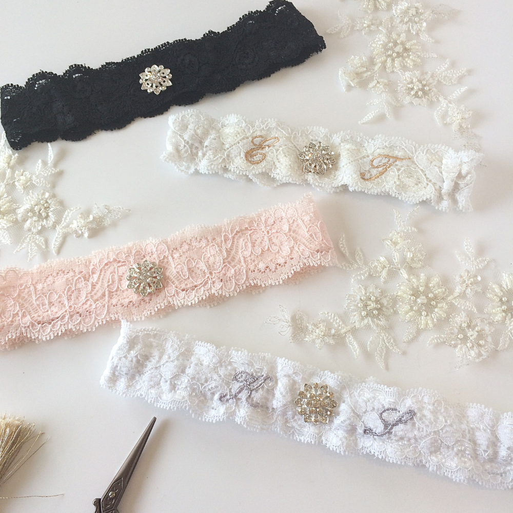 Flat lace wedding garter with a simple crystal Ivory, Blush, Black