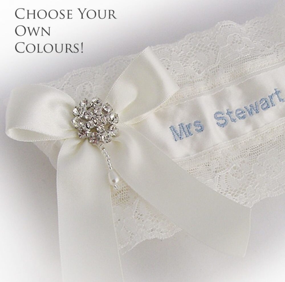 personalised wedding garter - blue text - custom colours wedding garter personalised