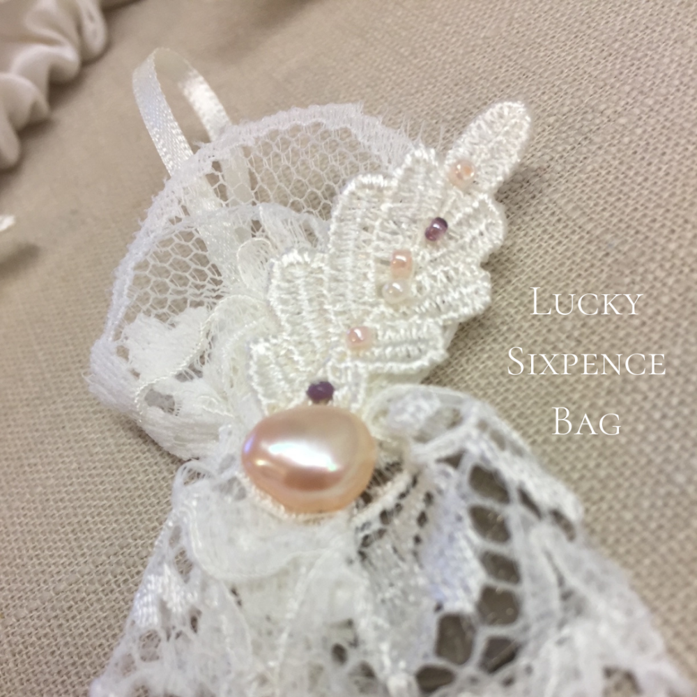 Lucky sixpence bag - with freshwater pearls - lilac blush and ivory