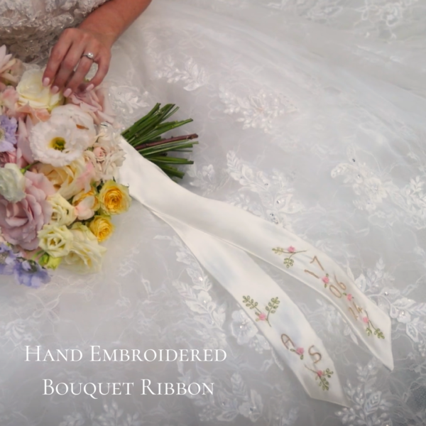 Hand embroidered bouquet ribbon Pure Silk Bridgerton inspired wedding